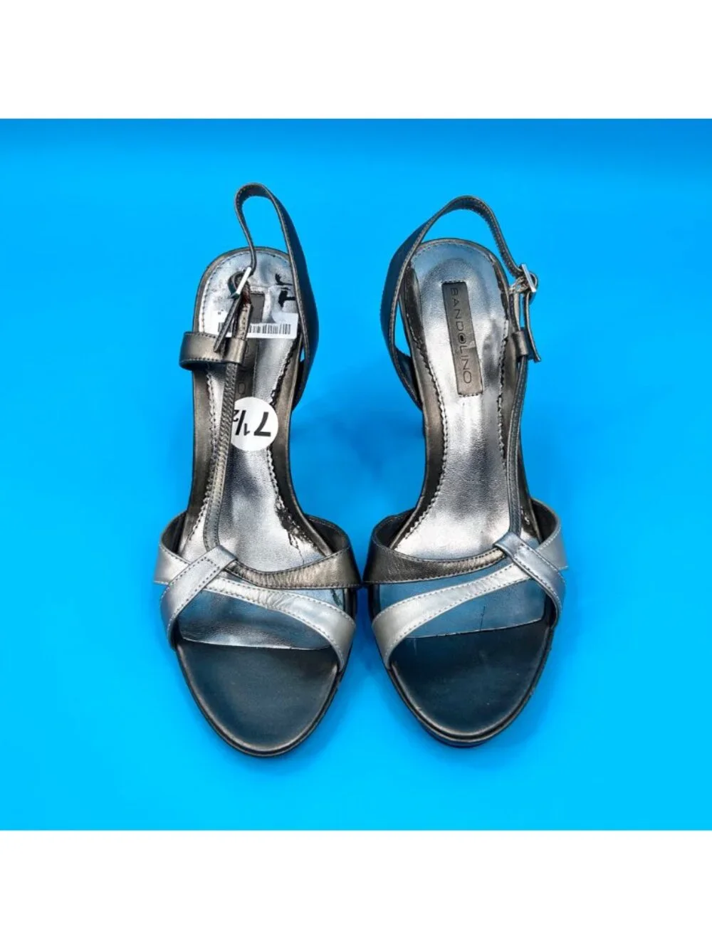 NWT BANDOLINO BDZOHRA METALLIC PEWTER & SILVER LEATHER STRAPPY SANDALS  - 7.5M